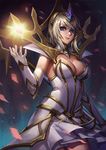  armpits bangs blue_eyes breasts cleavage closed_mouth commentary_request cowboy_shot dress elbow_gloves elementalist_lux gloves hair_ornament hairband headgear highres hou_akira league_of_legends light_elementalist_lux looking_at_viewer luxanna_crownguard medium_breasts short_dress short_hair sideboob silver_hair smile solo white_dress white_gloves 
