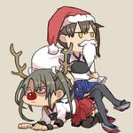  all_fours animal_costume antlers bag blue_skirt brown_background brown_eyes brown_hair christmas closed_mouth crossed_legs fake_beard fake_facial_hair green_hair hair_ribbon hakama_skirt hat holding holding_bag japanese_clothes jitome kaga_(kantai_collection) kantai_collection long_hair looking_to_the_side lowres multiple_girls muneate o_o red_nose red_skirt ree_(re-19) reindeer_antlers reindeer_costume ribbon sack santa_costume santa_hat side_ponytail simple_background sitting sitting_on_person skirt tasuki thighhighs twintails white_ribbon zuikaku_(kantai_collection) 