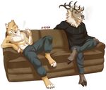  4_toes abs anthro antlers barefoot black_lips blue_eyes canine cervine clothed clothing digitigrade duo eyewear fur glasses green_eyes grey_nose hooves horn inkrend male mammal navel reindeer simple_background sitting smile sofa tan_fur toes topless white_background wolf 