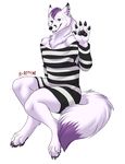  5_fingers anthro black_lips black_nose canine clothed clothing digitigrade fox fur green_eyes hair inkrend male mammal purple_hair simple_background sitting smile solo white_background white_fur 