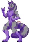  4_toes 5_fingers anthro canine featureless_crotch fur hair inkrend looking_at_viewer male mammal navel nude purple_eyes purple_fur purple_hair smile solo standing teeth toes tongue wide_hips wolf 