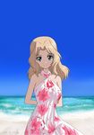  arms_behind_back bare_shoulders beach blonde_hair blue_eyes blue_sky bukkuri dated day girls_und_panzer hair_intakes highres kay_(girls_und_panzer) looking_at_viewer ocean outdoors sand sky smile solo water 