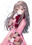  artist_name bag bangs blush breath brown_eyes brown_hair coat fringe_trim hair_ornament hairpin hand_up handbag holding holding_bag long_hair looking_at_viewer mittens original parted_lips pink_coat red_scarf scarf signature smile snow solo sweater yumaomi 