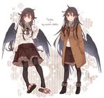  :d alternate_costume arm_at_side backpack bag bird_wings black_wings boots brown_hair bug butterfly buttons coat contemporary cup feathered_wings flower frilled_skirt frills full_body fur-trimmed_boots fur_trim hair_between_eyes highres holding holding_cup insect long_hair long_sleeves looking_at_viewer multiple_views no_headwear one_eye_closed open_mouth pantyhose partially_unbuttoned red_eyes reiuji_utsuho shoes single_shoe skirt slippers smile standing steam touhou toutenkou turtleneck wings 