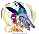  blue_eyes cutie_mark duo equine eyelashes fan_character feathered_wings feathers female feral fur green_hair grey_fur hair hooves hybrid ka-samy male mammal my_little_pony nude pegasus red_hair reptile scalie sitting smile snake wings yellow_fur 