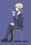  blonde_hair blue_background closed_eyes crossed_legs cup darjeeling girls_und_panzer necktie pantyhose profile school_uniform short_hair sitting solo st._gloriana's_school_uniform teacup vent_arbre 