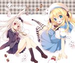  alice_(wonderland) alice_in_wonderland animal_ears black_legwear black_ribbon black_skirt blonde_hair blue_eyes blue_skirt bow bunny_ears card checkerboard_cookie clock cookie food hair_ribbon hat headdress highres hoshi_(snacherubi) loafers long_hair looking_at_viewer multiple_girls open_mouth original playing_card pleated_skirt red_bow red_eyes ribbon shirt shoes short_sleeves skirt striped striped_legwear thighhighs two_side_up white_hat white_rabbit white_shirt zettai_ryouiki 