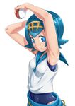  armpits arms_up blue_eyes blue_hair blue_sailor_collar blush breasts closed_mouth covered_navel hairband holding looking_at_viewer one-piece_swimsuit pants poke_ball poke_ball_(generic) pokemon pokemon_(game) pokemon_sm sailor_collar sazanami_tarou shiny shiny_clothes shiny_hair shiny_skin shirt short_hair simple_background skin_tight sleeveless small_breasts smile solo suiren_(pokemon) swimsuit swimsuit_under_clothes trial_captain upper_body white_background 