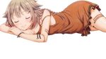  bangs bare_arms bare_shoulders blonde_hair blush bracelet braid cevio clenched_hand closed_eyes dress hair_flaps hair_ornament highres jewelry kikuratama long_hair lying on_side one_(cevio) orange_dress single_braid sleeveless sleeveless_dress smile solo strap_slip tattoo transparent_background 