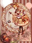  blonde_hair bob_cut bonnet chain chestnut closed_eyes commentary_request dolce_(dolsuke) dress feathers food food_themed_clothes frilled_gloves frills gem gloves high_heels highres holding lace lolita_fashion mont_blanc_(food) original pantyhose personification print_legwear ribbon short_sleeves solo 
