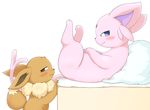  3sthrees ambiguous_gender blush brown_fur chest_tuft eevee eeveelution espeon eye_contact fluffy fluffy_tail forked_tail fur legs_up nintendo pillow pok&eacute;mon purple_eyes purple_fur raised_tail smile smirk tuft video_games 