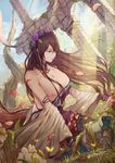 1girl absurdres bangs bare_shoulders black_legwear blue_sky breasts brown_hair bug butterfly castle closed_mouth cloud cloudy_sky day detached_sleeves floating_hair floral_print flower forest gem gran_(granblue_fantasy) granblue_fantasy grass green_eyes hair_between_eyes hair_flower hair_ornament hair_over_breasts head_wreath highres insect japanese_clothes kimono large_breasts light_rays lips long_hair lying moss mountain nature nipples off_shoulder on_back petals pink_lips rosetta_(granblue_fantasy) ruins sky sparkle sunlight thighhighs tree very_long_hair wide_sleeves wreath xinuo223 
