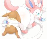  3_toes 3sthrees all_fours ambiguous_gender blush bound bow butt eevee eeveelution feral fur half-closed_eyes looking_back looking_pleasured nintendo open_mouth pawpads pink_fur pok&eacute;mon raised_tail rear_view ribbons sweat sylveon toes tongue video_games white_fur 
