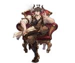  ahoge barowa beard boots brown_eyes brown_hair chair draph facial_hair full_body granblue_fantasy gun horns male_focus minaba_hideo official_art open_mouth pipe pipe_in_mouth smoking solo teeth transparent_background weapon 