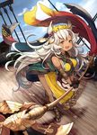  :3 animal_ears ankle_lace-up bent_over black_gloves cat_ears commentary_request cross-laced_footwear dark_skin day deck erune feathers flower gloves granblue_fantasy green_eyes grey_hair hair_flower hair_ornament halberd highres holding holding_weapon leaning_forward long_hair nemone open_mouth polearm sandals ship solo very_long_hair watercraft weapon yuu_(higashi_no_penguin) 