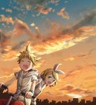  1girl :d bicycle blonde_hair closed_eyes cloud cloudy_sky condensation_trail evening green_eyes ground_vehicle hair_ornament hairband hairclip happy highres hood hood_down hoodie kagamine_len kagamine_rin kikuratama multiple_riders open_mouth outdoors pants riding short_hair short_sleeves siblings sidesaddle sky smile sunset vocaloid wristband 