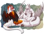  4_toes abs bat black_nose canine digitigrade dragon duo featureless_crotch fur hair hybrid inkrend male mammal membranous_wings nude pawpads pink_eyes sitting smile spines toes white_fur white_hair wings wolf 