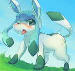  all_fours ambiguous_fluid ambiguous_gender blush canine chinchirabbit cute digital_media_(artwork) drooling eeveelution feral glaceon mammal nintendo one_eye_closed outside penetration pok&eacute;mon saliva shaking solo sweat tears tongue video_games 