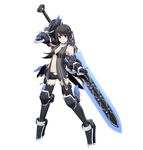  absurdres ahoge arm_up armor armored_boots bangs bare_shoulders bikini_top black_footwear black_hair black_legwear black_shorts black_vest blunt_bangs blush boots breasts cleavage collar cosmic_break_2 full_body gauntlets high_heels highres holding holding_sword holding_weapon huge_weapon knee_boots knee_pads looking_at_viewer lunastasia mecha_musume midriff navel official_art open_clothes open_vest purple_eyes short_shorts shorts simple_background small_breasts solo sword thighhighs vest weapon white_background 