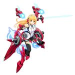  absurdres armor armored_boots blonde_hair boots breasts character_request cosmic_break_2 crimrose energy_blade fingerless_gloves full_body gloves highres holding holding_sword holding_weapon large_breasts long_hair mecha_musume official_art red_eyes skirt sleeveless smile solo sword thighhighs weapon 