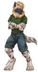  4_toes 5_fingers anthro black_lips black_nose blonde_hair canine clothed clothing crossed_arms digitigrade fur grey_fur hair inkrend male mammal simple_background smile solo standing toes white_background white_fur yellow_eyes 