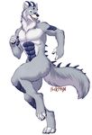  4_toes 5_fingers abs anthro black_nose blue_eyes canine digitigrade dragon fur grey_fur hybrid inkrend male mammal open_mouth simple_background smile solo spines standing teeth toes tongue white_background white_fur wolf 