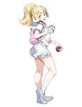  ass backpack bag bangs blonde_hair blunt_bangs braid french_braid genzoman green_eyes high_ponytail lillie_(pokemon) long_hair looking_at_viewer miniskirt open_mouth pleated_skirt poke_ball pokemon pokemon_(game) pokemon_sm shoes short_sleeves simple_background skirt socks solo spoilers white_background white_footwear white_legwear white_skirt 