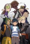 5boys adjusting_clothes adjusting_hat backpack bag bangs baseball_cap black_hair black_hat black_shirt blonde_hair capri_pants clenched_hand doshiko dress eyewear_on_head gladio_(pokemon) gloves gradient gradient_background green_eyes green_hair grey_eyes grey_hair guzma_(pokemon) hand_in_pocket hand_on_own_face hat hau_(pokemon) hood hoodie looking_at_viewer lusamine_(pokemon) multicolored_hair multiple_boys outstretched_arms pants pokemon pokemon_(game) pokemon_sm sauboo_(pokemon) shaded_face shirt short_hair short_ponytail silver_hair simple_background sleeveless sleeveless_dress striped striped_shirt sunglasses swept_bangs t-shirt two-tone_hair white_coat white_gloves you_(pokemon) 