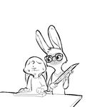  2016 anon anthro black_and_white cleaver clothed clothing disney duo eyewear glasses lagomorph mammal melee_weapon monochrome rabbit replytoanons simple_background sweat sweatdrop weapon white_background zootopia 