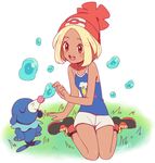  :d artist_name bare_arms bare_legs bare_shoulders beanie blonde_hair blush breasts bubble closed_mouth collarbone dark_skin doyagao fingernails full_body gen_1_pokemon gen_7_pokemon graphic_shirt grass hands_on_hips hat knees_together_feet_apart mizuki_(pokemon) moyori open_mouth orange_eyes pikachu pokemon pokemon_(creature) pokemon_(game) pokemon_sm popplio red_hat round_teeth shoes short_hair shorts simple_background sitting small_breasts smile sneakers tank_top teeth thigh_gap wariza white_background white_shorts 