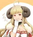  ahoge anila_(granblue_fantasy) bangs blonde_hair blunt_bangs breasts cleavage cloak commentary_request draph eyebrows_visible_through_hair gloves granblue_fantasy grin hand_on_own_chin haniwa_(leaf_garden) horns large_breasts long_hair orange_eyes sheep_horns simple_background smile solo translation_request upper_body white_gloves wool 