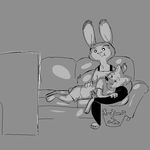  2016 anthro arctic_fox black_and_white canine carrot clothed clothing disney duo eating female food fox head_on_lap judy_hopps lagomorph lying mammal monochrome on_lap on_side rabbit replytoanons sitting skye_(zootopia) sofa television vegetable zootopia 