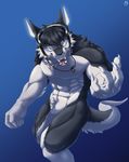  abs anthro biceps big_muscles black_fur black_hair blue_eyes dd159 discordnight erection fur hair looking_at_viewer male muscular nude pecs sergal signature smile solo standing tuft white_fur 