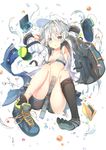  :o air_bubble armpits backpack bad_feet bag between_legs black_legwear blue_eyes blush breasts bubble collarbone flat_cap full_body handheld_game_console hat hibiki_(kantai_collection) kantai_collection looking_at_viewer navel nintendo_3ds off_shoulder scissors shoes silver_hair simple_background single_shoe small_breasts sneakers solo sports_bra star sune_(mugendai) thighhighs verniy_(kantai_collection) 