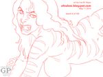  2010 angry breast_squish breasts digital_drawing_(artwork) digital_media_(artwork) eyebrows feline female hair humanoid line_art lips long_hair looking_at_viewer lying mammal marvel monochrome nude on_front pink_and_white simple_background sketch snarling solo stripes teeth tiger tigra ultrafem url watermark white_background 
