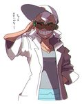  adjusting_eyewear baseball_cap burnet_(pokemon) camisole chromatic_aberration closed_eyes cosplay dark_skin grin hand_on_hip hat hscatter jewelry kukui_(pokemon) kukui_(pokemon)_(cosplay) labcoat necklace oversized_clothes pokemon pokemon_(game) pokemon_sm short_hair sidelocks simple_background sleeves_pushed_up sleeves_rolled_up smile solo sunglasses upper_body white_background white_hair 