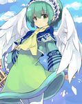  angel_wings blush cloud day green_eyes green_hair highres looking_at_viewer luminous_arc luminous_arc_2 normaland sadie scarf sky smile solo wings 