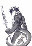  anthro ball biceps big_muscles black_fur black_hair discordnight fur hair invalid_tag looking_at_viewer male muscular nude pecs ramenlanoodles sergal solo standing weapon white_fur 