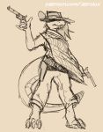  2018 3_toes 5_fingers ammo_belt anthro atrolux belt breasts claws clothed clothing covered_eyes cowboy_hat dual_wielding fangs female front_view gun gunslinger hair handgun hat hidden_eyes holding_object holding_weapon holster kyra_(atrolux) pants patreon pistol poncho ranged_weapon rattlesnake reptile revolver scales scalie sketch snake solo standing teeth toe_claws toes url weapon western 