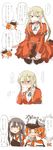  3girls akagi_(kantai_collection) aquila_(kantai_collection) aquila_(kantai_collection)_(cosplay) arrow_through_heart black_hair blonde_hair blood blood_from_mouth blue_eyes blush comic commentary_request cosplay costume_switch directional_arrow embarrassed flying_sweatdrops graf_zeppelin_(kantai_collection) graf_zeppelin_(kantai_collection)_(cosplay) hair_between_eyes hair_ornament hairclip hat heart high_ponytail highres kantai_collection long_hair multiple_girls open_mouth orange_eyes orange_hair peaked_cap rebecca_(keinelove) short_hair sidelocks simple_background spoken_ellipsis sweat translated twintails white_background yellow_eyes yuri 