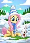  angel_(mlp) blue_eyes day detailed_background duo equine eyelashes feathered_wings feathers female fluttershy_(mlp) friendship_is_magic fur hair hooves male mammal my_little_pony mysticalpha outside pegasus pink_hair sitting sky smile snow wings yellow_fur 