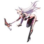  blue_eyes breasts closers fingerless_gloves floating_hair full_body gloves high_heels highres holding holding_staff large_breasts levia_(closers) long_hair official_art open_mouth pointy_ears red_star_alliance simple_background solo staff white_background white_hair 