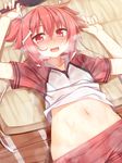  belly blush bone_hair_ornament eyebrows_visible_through_hair from_above gym_shirt gym_shorts gym_uniform heavy_breathing highres looking_at_viewer lying midriff navel nose_blush on_back open_mouth paddle racer_(magnet) red_eyes red_hair ribbon shakunetsu_no_takkyuu_musume shirt shirt_lift short_hair shorts solo sweat tsumujikaze_koyori two_side_up wavy_mouth wet wet_clothes 