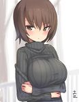  bangs black_sweater breast_hold breasts casual character_name closed_mouth crossed_arms girls_und_panzer kemu_(guruguru_dan) large_breasts long_sleeves looking_at_viewer nishizumi_maho ribbed_sweater short_hair solo standing sweater turtleneck upper_body 