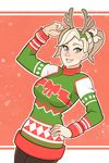  antlers blonde_hair christmas christmas_sweater high_ponytail highres mercy_(overwatch) overwatch pantyhose reindeer_antlers solo splashbrush sweater 