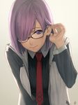  adjusting_hair amino_(tn7135) casual fate/grand_order fate_(series) glasses hair_over_one_eye mash_kyrielight md5_mismatch necktie purple_eyes purple_hair short_hair simple_background smile solo zipper 
