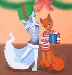  alolan_vulpix barefoot bottomless canine christmas_gift clothed clothing cub duo english_text excited eyes_closed littlerager looking_at_viewer male mammal nintendo oversized_shirt pok&eacute;mon smile standing sweater text unamused video_games vulpix young 