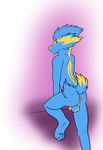  anthro anus backsack balls blue_fur blush butt canine electrike fur looking_back male mammal nintendo nude penis perineum pink_eyes pok&eacute;mon sagorashi shiny_pok&eacute;mon simple_background solo video_games yellow_fur 