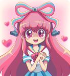  1girl bangs bow giffany gravity_falls hair_bow happy heart heart-shaped_pupils hearts highres interlocked_fingers long_hair open_mouth pink_background pink_hair pixel_art pixelated pixels ribbon rosy_cheeks sailor_uniform school_uniform short_sleeves skirt solo upper_body very_long_hair 