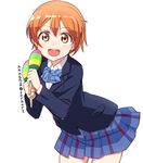 :d artist_name blazer blue_bow blue_neckwear bow bowtie cowboy_shot green_eyes hoshizora_rin instrument jacket leaning_forward long_sleeves looking_at_viewer love_live! love_live!_school_idol_project maracas open_mouth orange_hair short_hair simple_background skirt skull573 smile solo striped striped_bow striped_neckwear white_background 